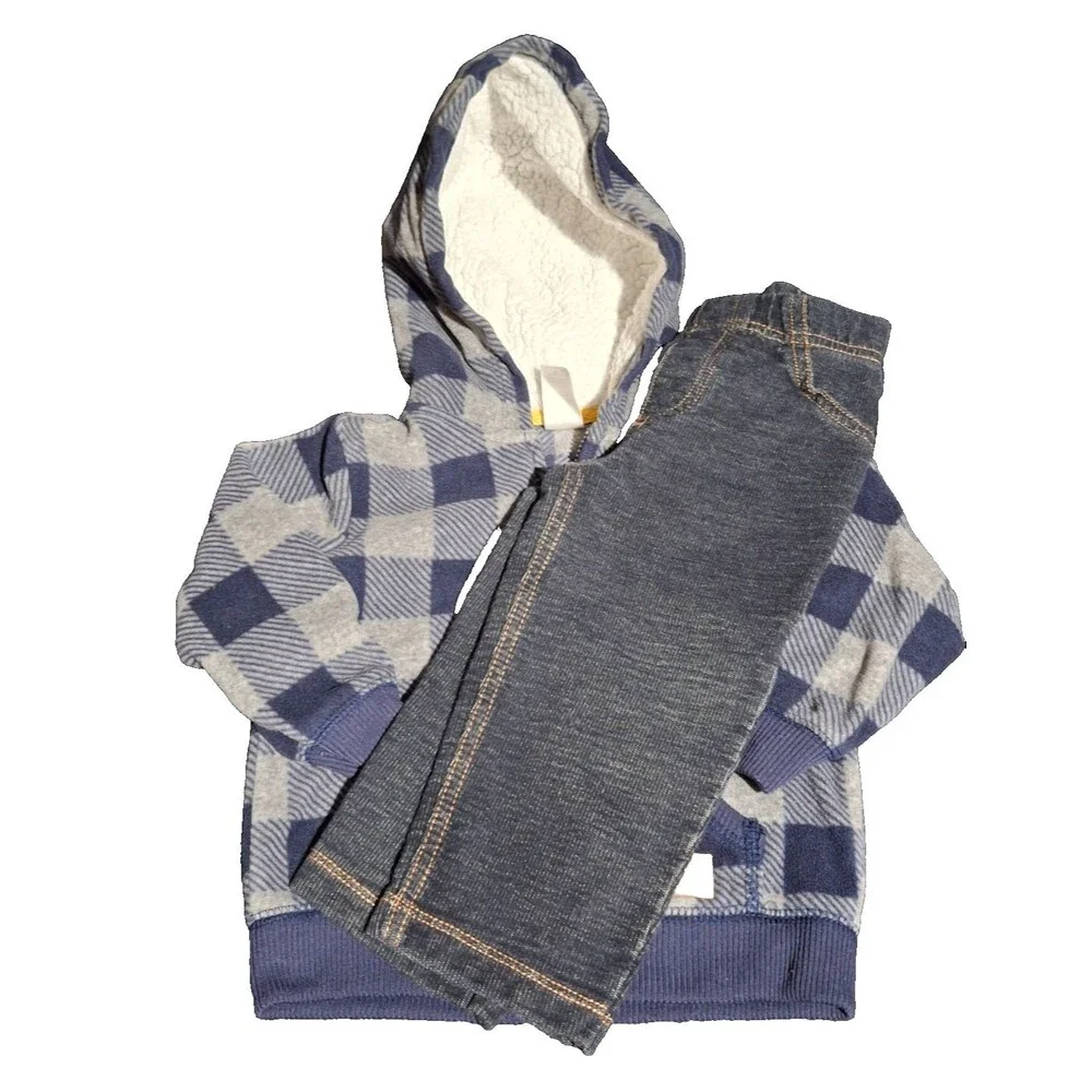 Carter's Boys 18 Months Blue Grey Plaid Hooded Jacket & Pants 2 Piece Outfit